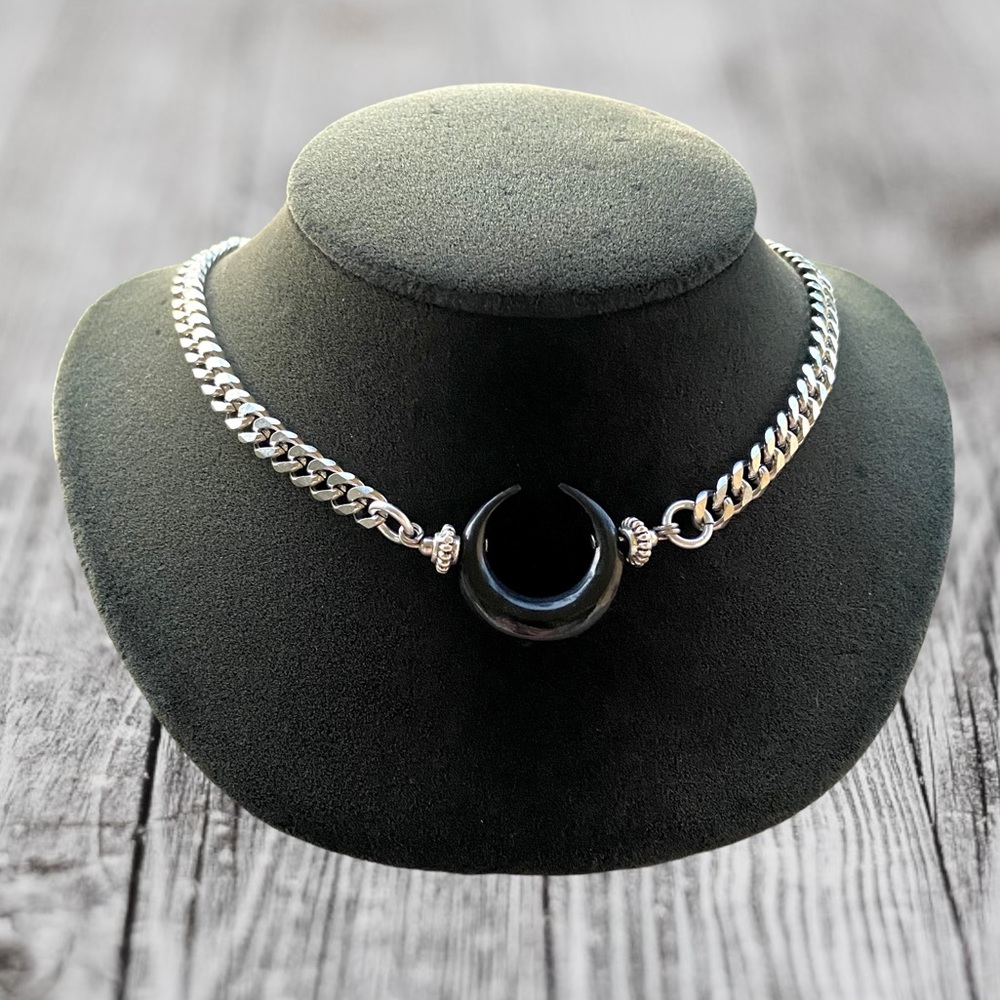 Moon choker necklace . Black buffalo horn carved moon charm .  goth boho